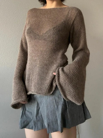 Getadme Womens Y2K Vintage Retro Tie Back Sweaters Flare Long Sleeve Boat Neck Solid Color Knit Backless Pullover Casual Tops
